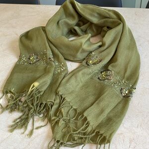 Olive Green Embroidered and Embellished Wool Scarf